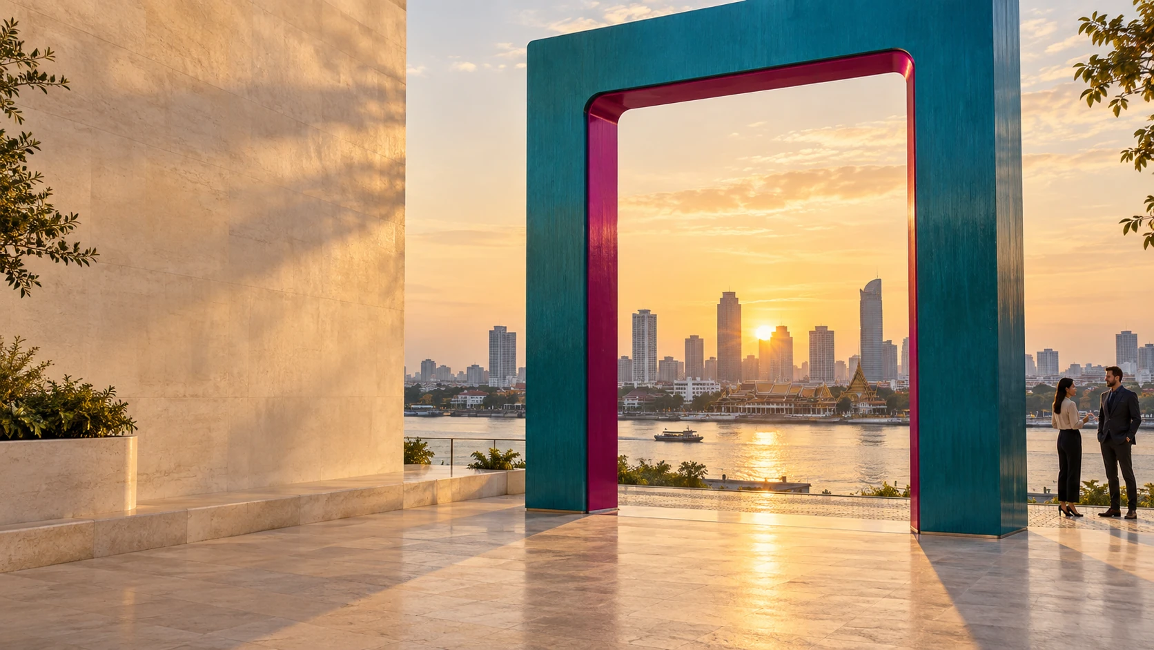 Illustrative monumental Gate opening toward the Phnom Penh skyline