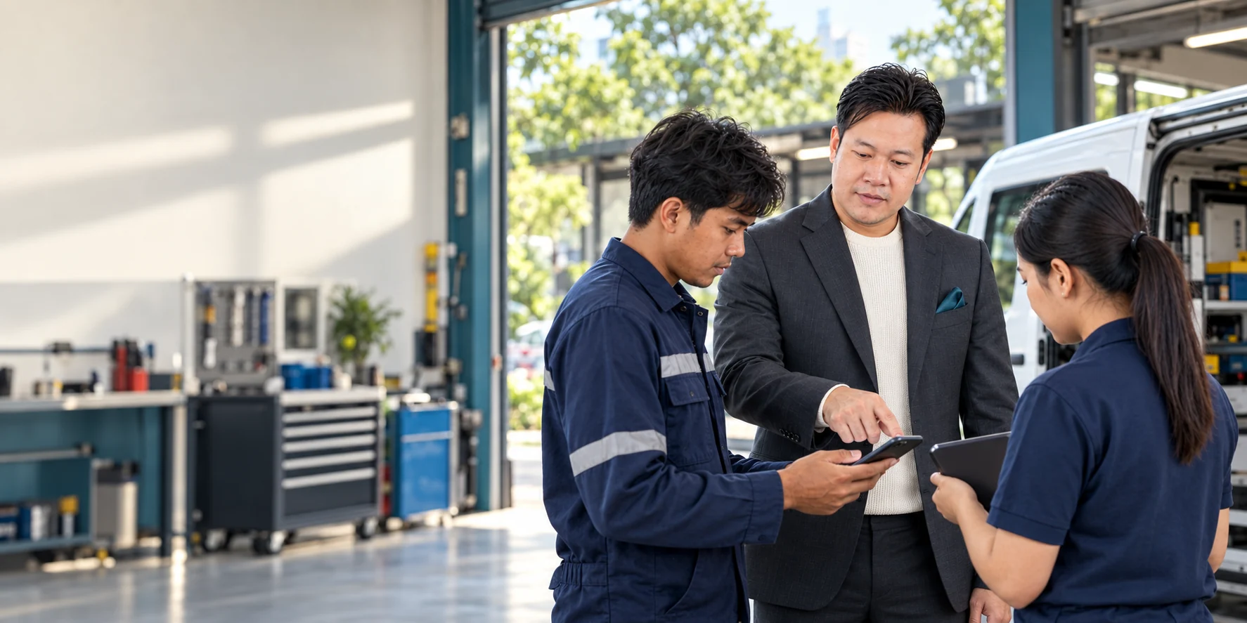 Illustrative scene of Chairman Sok Sopheakmonkol and technicians using a device at a Cambodian workplace