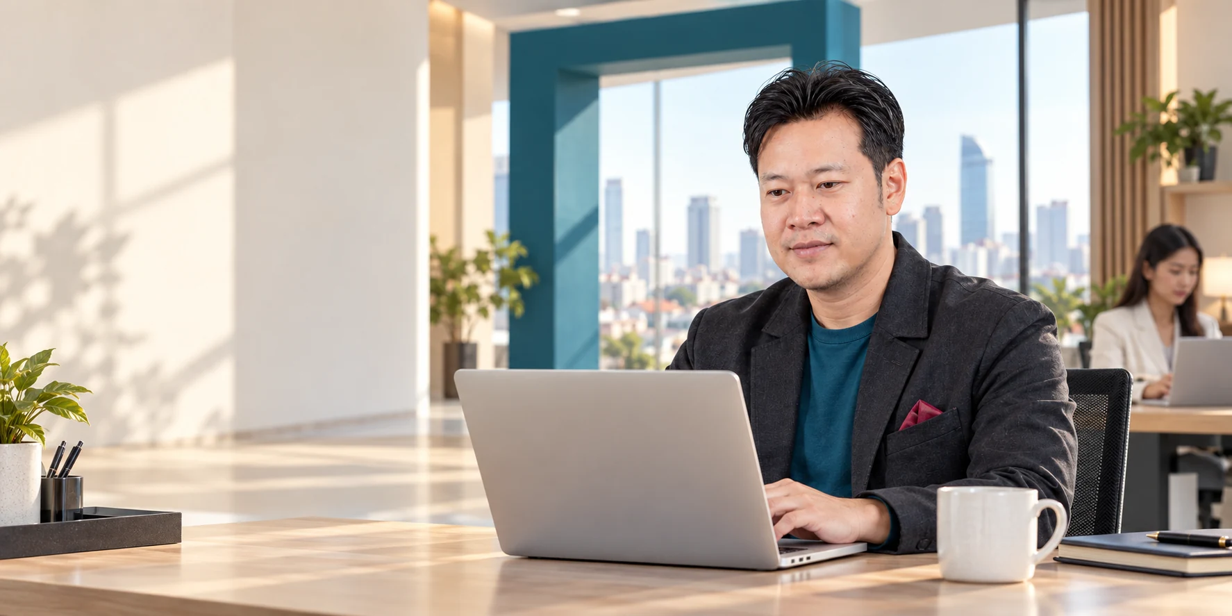 Illustrative portrait of Chairman Sok Sopheakmonkol with his team in a Cambodian office