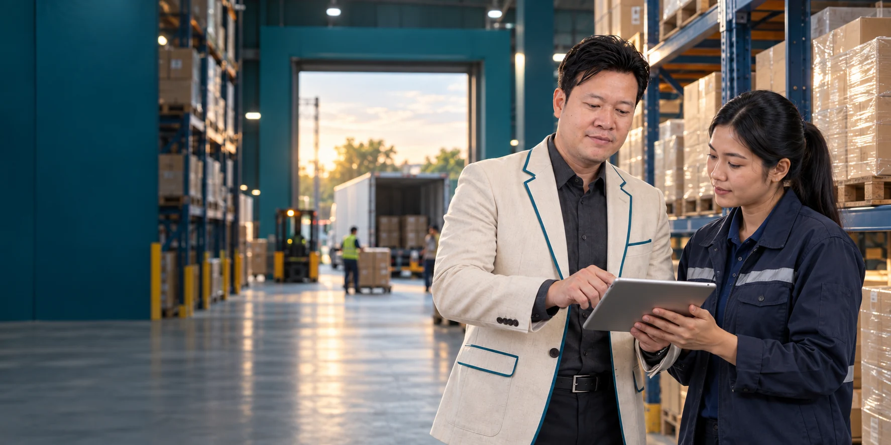 Illustrative scene of Chairman Sok Sopheakmonkol collaborating with an operations colleague in a warehouse
