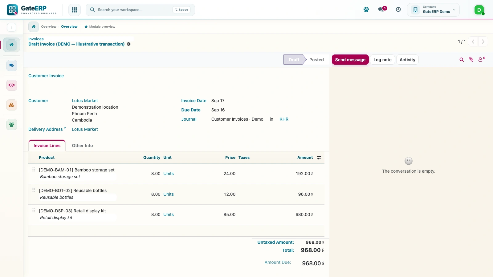 Actual Gate Accounting customer invoice screen using demonstration data