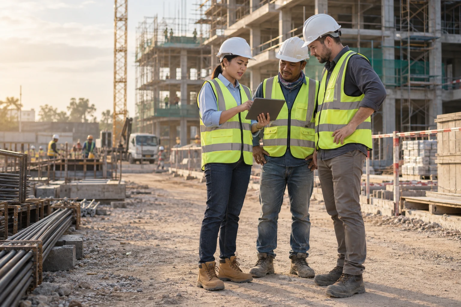 Illustrative scene of Cambodian and international construction colleagues using a tablet at a site