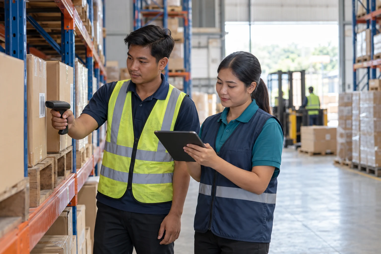 Illustrative scene of a Cambodian warehouse team checking cartons and a tablet in a distribution center